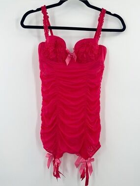 Victoria's Secret Sexy Little Things Hot Pink Lace Ruched Chemise Garters 34B